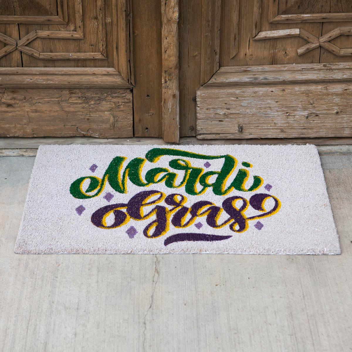 doormat, mat, mardi gras, script